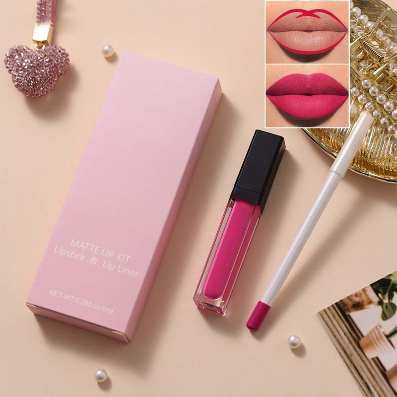 مجموعة أحمر الشفاه السائل غير اللامع المقاوم للماء، قلم تحديد الشفاه 2 في 1، مجموعة ملمع الشفاه